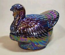 Vintage Imperial Iridescent Glass Nesting Turkey Covered Glass Dish Carnival  picture