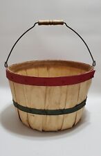 Vintage Woven Wood Apple Basket, Red & Green Accents, Wire & Wood Handle picture