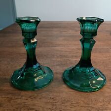 Set of 2 Vintage Indiana Glass Teal Green Candlestick Holders 4.5 in. picture