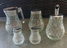 Diamond Point Glass Kitchen Server Set Of 5 Syrup Sugar Salt Pepper Shakers picture
