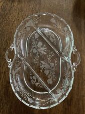 Fostoria Heather 3 Part Divided Relish Tray Dish Etched Flowers Glass w/ Handles picture