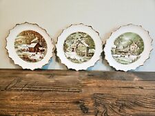 Vintage Currier And Ives The Old Homestead Set Of 3 Gold Rimmed Wall Plates picture