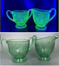 Green Depression Glass Uranium Creamer & Sugar Bowl Floral Etched Vintage 2 picture