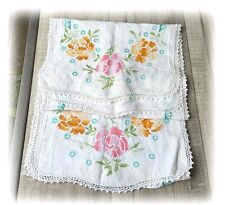 Pair Vintage Hand Cross Stitch Embroidery Floral Pink Orange Rose Table Runners picture
