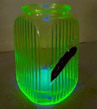 Antique Hoosier Uranium Glass Canister Ribbed Depression Jar- Green 7” picture