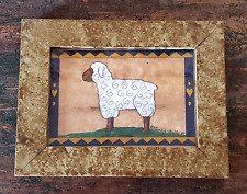 VINTAGE 1981 WATERCOLOR Sheep PA Folk Art PJ RANKIN HULTS Primitive SPONGE FRAME picture