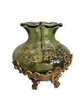 Green Glass Vase Incased Gold Holder Footed 1148 Cl picture