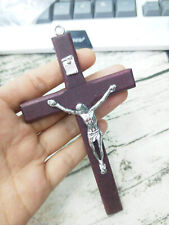 Vintage Wooden Metal Hand Hold Cross Crucifix Holy Religious Carved Christ Brown picture