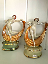 Lot of 2 - VTG  Sculpture Lady Scarf Dancing Cream Green Gold Lusterware picture