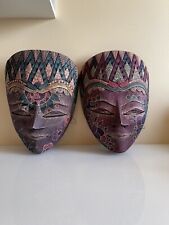 Indonesia Bali Batik Handpainted Wood Carved Masks Set Of Two, Wall Art picture