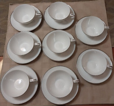 8 Sets NORITAKE Porcelain China 5932 Colony White Flat Cup Saucer Platinum Trim picture