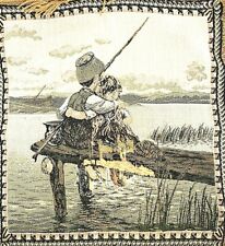 Vtg OLD Tapestry Pillow Cover Fishing Father Daughter On Pier READ picture