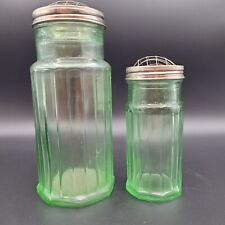 2 Green Depression Glass Vases Jars  Sifter With Metal Flower Frogs 7.5