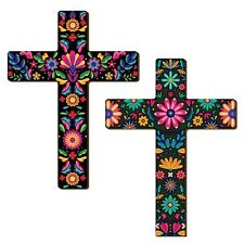 2 Pcs Floral Cross Wall Decor Mexican Cross Decor Hand Painted Wood Classic picture