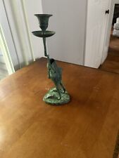 Vintage Whimsical Kneeling Frog on Lily Pad Candle Holder Brass/Bronze 11