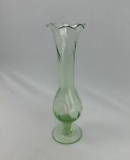 Vintage Green Glass Pedastal Bud Vase Fluted Ruffle Top MCM Excellent 7.5” picture