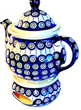 Bolesławiec Pottery Coffee Tea Pot with Warming Trivet Handmade Vintage picture