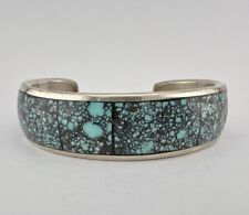 Vtg Navajo Sterling Silver Spiderweb #8 Turquoise & Onyx Flush Cuff Bracelet picture