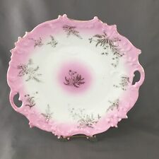 Antique Pink Shallow Bowl Cut Out Handles Silver Inlay Flower Design 9 3/4