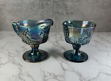 Vintage Iridescent Blue Indiana Carnival Glass Harvest Grape Creamer and Sugar picture