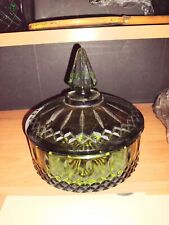 VTG INDIANA GLASS AVOCADO DARK GREEN GLASS CANDY DISH Rare Excellent Condition  picture