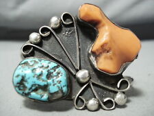 CHUNKY DUNKY CORAL VINTAGE NAVAJO TURQUOISE STERLING SILVER BRACELET OLD picture