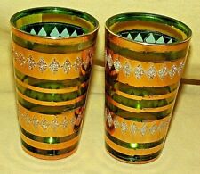 GREEN GLASS GOLD FOIL ETCHED JUICE SET 2 MADE IN KOREA STRIPE BARWARE EMERALD. picture