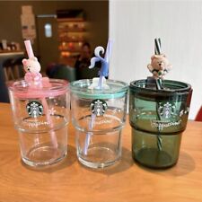 2023 Starbucks Glass Cup 13oz Tumbler Coffee Cup Pink Sakura + Cute Straw Topper picture