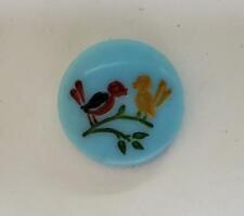 Round Sky Blue Glass Painted Birds on Branch Vintage Buttons 30L - 3/4