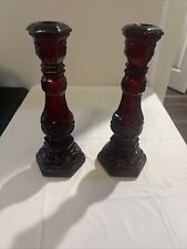 Vintage Pair of Avon 1876 Cape Cod Ruby Red Glass Candle Holder picture
