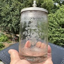 Antique 1800s? Eagle Engraved Glass 8 oz Beer Stein w/ Stamped Pewter Lid picture