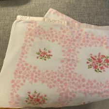 Vintage Pink and White Floral Blanket Pink Satin Trim 74”x84” picture