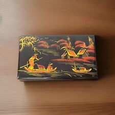 Vintage Japanese Jewelry Box Black Laquer Enamel Hand Painted picture