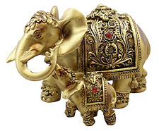 Mother Elephant With Calf Figurine Faux Gold Finished Poly Resin Feng Shui picture