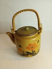 Vintage Ceramic Teapot Gold Speckled Orange Flowers Bamboo Handle Japan picture