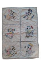 Vtg Hand Embroidered & Quilted Baby Cradle Quilt Cats Kittens Blue Yellow Pink picture