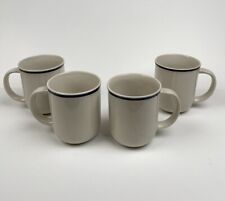 Genuine Stoneware Coffee Mug Set Of 4 White With Navy Blue Stripe Vintage Japan picture