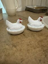 2 milk glass 4” chickens on nest picture