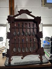 Vintage Wooden Souvenir Spoon Wall Rack Display Holder With 12 Spoons 21”x 15” picture