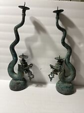 Antique Pair Naga Dragon Statues candlesticks holder Candelabra Bronze 18” Tall picture