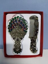 Vtg Small Hand Mirror And Comb Peacock Design picture