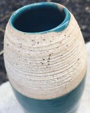 Original Glazed Teal Turquoise Ceramic Stoneware Art Pottery Ribbed Vase Vessel picture
