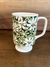 Vintage Footed Pedestal Coffee Mug 8 oz Retro Floral Green & Black JAPAN EUC picture