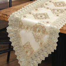 Table Runner Beige Golden Flower Embroidered Pattern Polyester Lace Table Decor picture