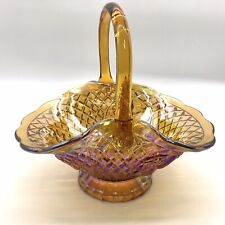 VTG Indiana Canterbury Basket Iridescent Marigold Carnival Glass Diamond Pattern picture
