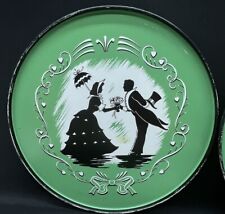 Vintage Metal Lithograph Tray Platter  Round Courting Couple Silhouette picture