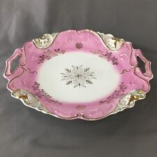 Antique Pink Shallow Bowl Cut Out Handles Silver Inlay Raised Flowers 10 1/4 in picture