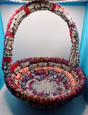 Vintage Rag Rug Easter Basket Boho Handmade Woven Rolled Braid Multi Color picture