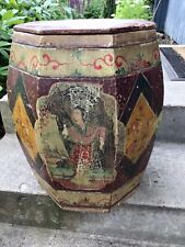 Antique Chinese Wooden Rice Barrel Bucket Hand Painted Oriental Vintage picture