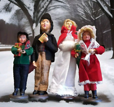 Vtg Christmas Carolers Dolls Statues Figurines Felt Family of 4 On Stands picture
